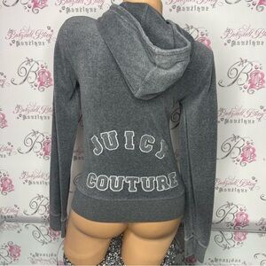 Juicy couture grey zip up sweater fuzzy print logo on back with white sequins